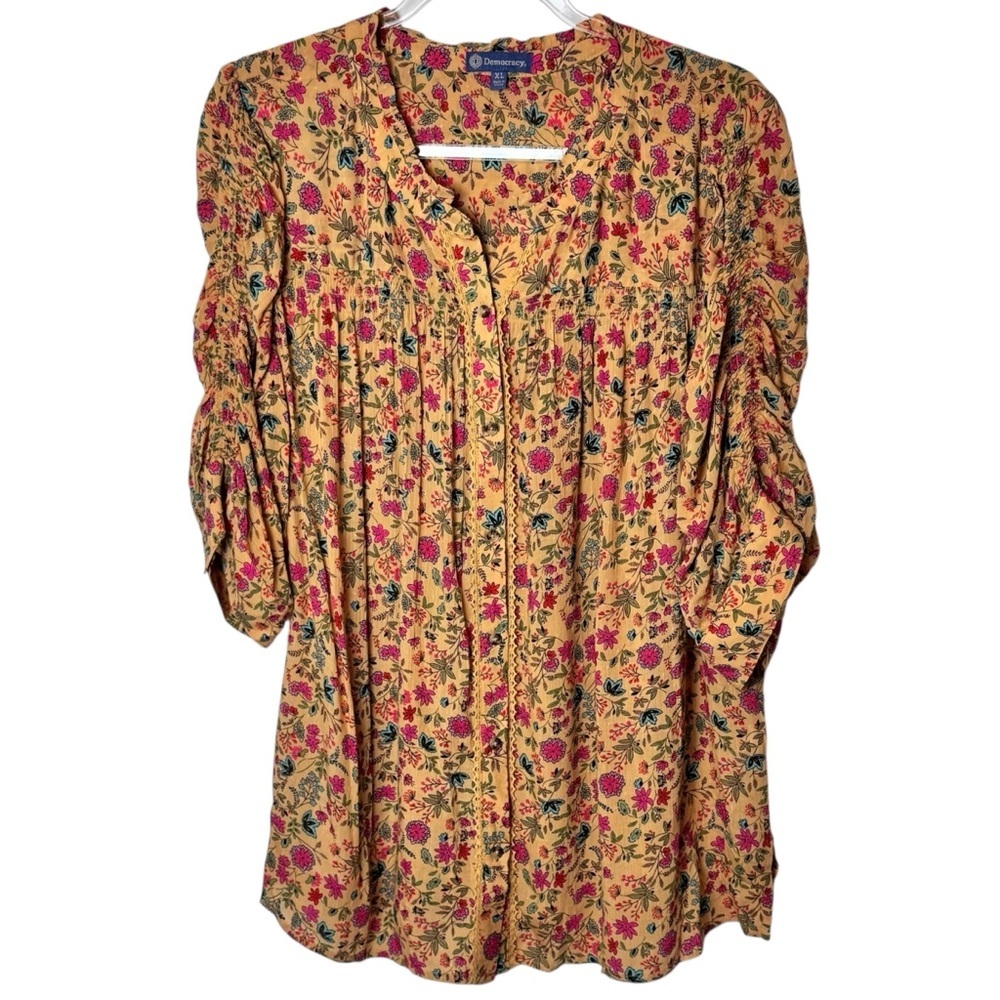 Democracy Womens XL Floral Button Front Blouse Ruched Sleeve Boho Mustard Yellow